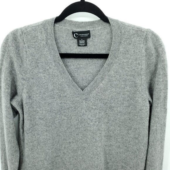 C by Bloomingdale 100% Cashmere Split Hem Tunic Sweater M Gray/Sheer Black Hem - Picture 4 of 15